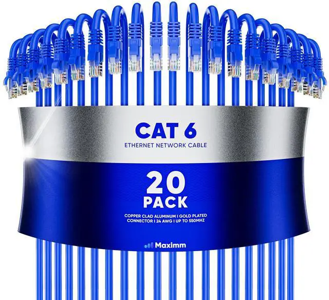 Main image of Maximm Cat 6 Ethernet Cable 12 ft (20-Pack) - High-Speed LAN Cable, Internet Cable, Patch Cable, and Network Cable - UTP, 10Gbps, 550MHz Ethernet Cord - Blue