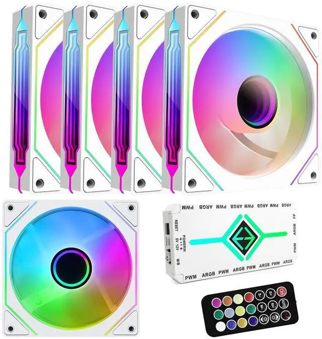 Main image of RGB Fans:5pack 120mm PWM ARGB Case Fan with Fan Hub and Remote,Speed Control,PWM Control Fan for Computer Case and Liquid Cooling System,White