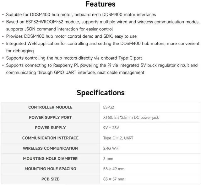 Alt view image 4 of 5 - Waveshare Direct Drive Servo Motor Driver Board (B), Integrates ESP32 and Control Circuit, 2.4G WiFi Support, Suitable for DDSM400 Hub Motor, ESP Now Support