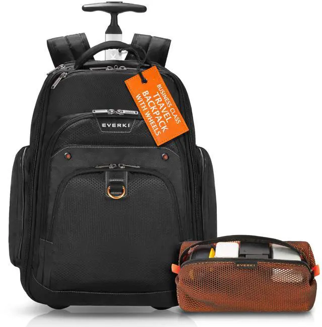 Main image of Everki Atlas Wheeled Laptop Backpack (EKP122) with Orange Accessory Pouch - Rolling Backpack with 13"-17.3" Compartment, 30L Capacity - Wheeled Travel Backpack & Accessory Pouch Bundle