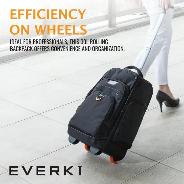 Alt view image 4 of 5 - Everki Atlas Wheeled Laptop Backpack (EKP122) with Orange Accessory Pouch - Rolling Backpack with 13"-17.3" Compartment, 30L Capacity - Wheeled Travel Backpack & Accessory Pouch Bundle