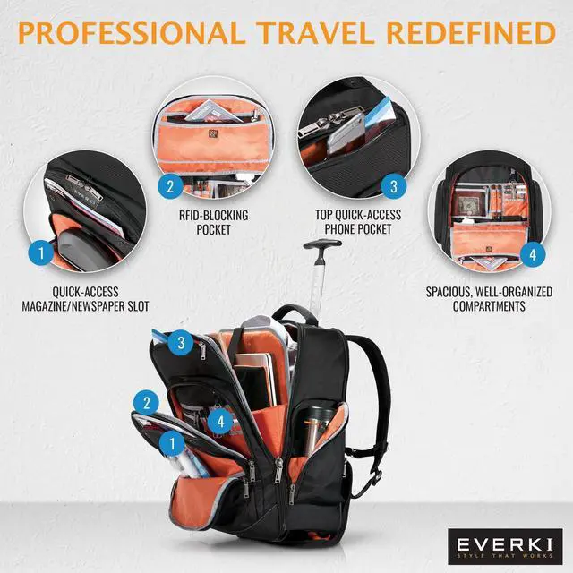 Alt view image 5 of 5 - Everki Atlas Wheeled Laptop Backpack (EKP122) with Orange Accessory Pouch - Rolling Backpack with 13"-17.3" Compartment, 30L Capacity - Wheeled Travel Backpack & Accessory Pouch Bundle