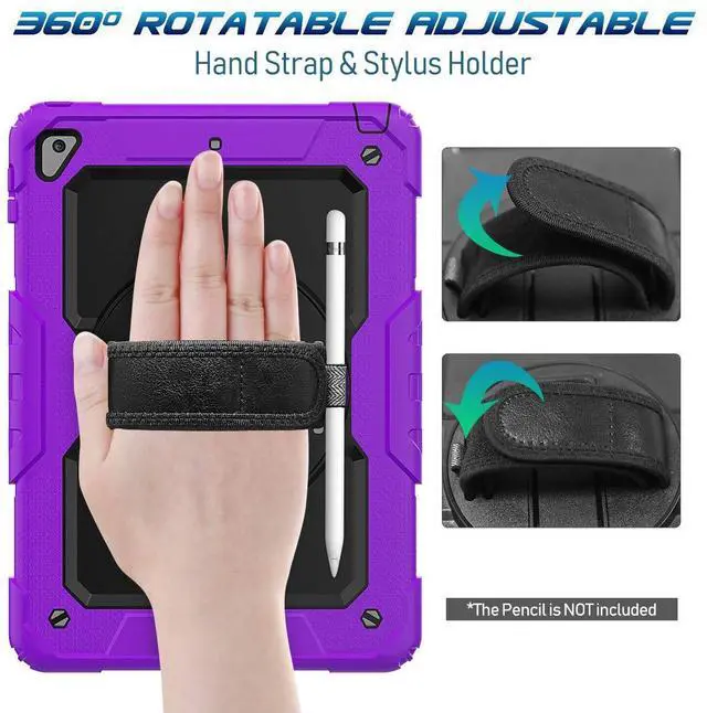 Alt view image 3 of 5 - Timecity Case Compatible with iPad 9.7 Inch (for iPad 6th/5th Generation Case 2018 2017/ for iPad Air2 Case/for iPad Pro 9.7) with Rotating Stand/Strap Full-Body Silicone+PC Protective Case- Purple