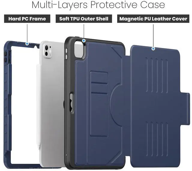 Alt view image 4 of 5 - Dteck for Apple iPad Pro 11-inch (M4) Case 2024 Release (A2836/A2837), Classic PU Leather Folio Case with Adjustable Stand/Pencil Holder/Auto Sleep Wake Function, Protective Magnetic Solid Cover, Blue