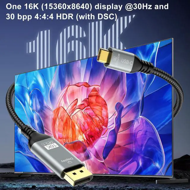 Alt view image 2 of 5 - USB C to DisplayPort 2.1 Cable 16K@30Hz 8K@120Hz 40Gbps Thunderbolt 4/3 to DisplayPort Cord Alu Braided Compatible iPhone 16/15 Pro Max, Galaxy S24, MacBook Pro/Air, iPad, Mac mini, XPS, 10FT