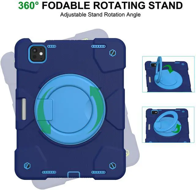 Alt view image 3 of 4 - Andnary Case for iPad Pro 11 Inch Case 2024 (M4) 5th Generation, Heavy Duty Shockproof Cover with 360deg Rotating Handle/Bracket/Pen Holder/Shoulder Strap for A2836/A2837/A3006, Navy+Blue