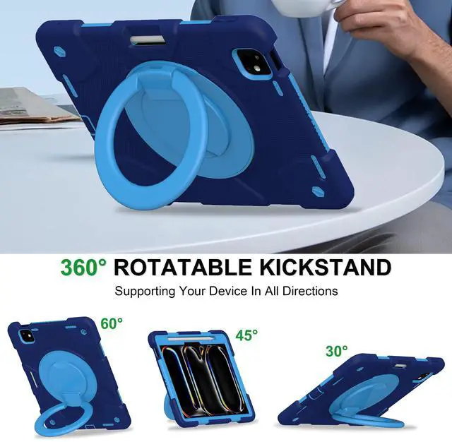 Alt view image 4 of 4 - Andnary Case for iPad Pro 11 Inch Case 2024 (M4) 5th Generation, Heavy Duty Shockproof Cover with 360deg Rotating Handle/Bracket/Pen Holder/Shoulder Strap for A2836/A2837/A3006, Navy+Blue