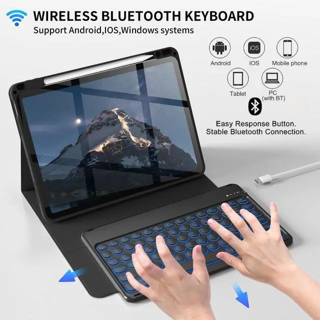 Alt view image 3 of 5 - Aoub Keyboard Case for iPad Air 11-Inch M2 2024, iPad Air 5th/4th Gen 2022/2020, 7 Color Backlit, Folio Detachable Wireless Bluetooth Keyboard Cover Soft TPU Back Case with Pencil Holder, Black