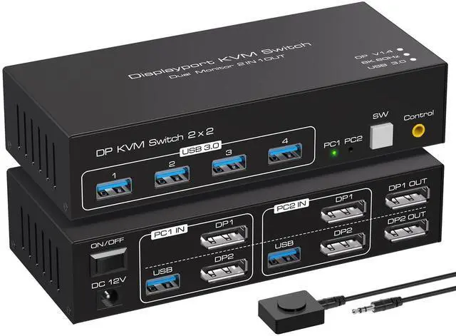 Main image of ATLAHET Displayport KVM Switch 2 Monitors 2 Computers 8K 60Hz 4K 120Hz Dual Monitor USB 3.0 KVM Switches for 4 USB Devices, Wired Extension Button,12V DC Adapter and USB3.0 Cables