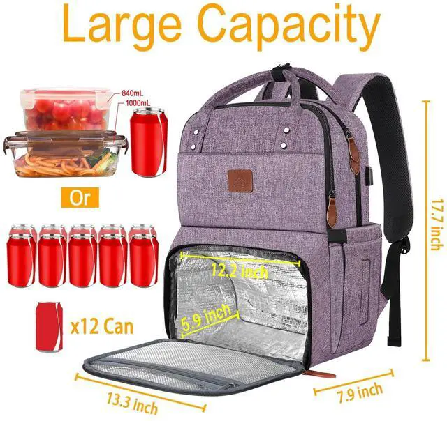 Alt view image 3 of 5 - MATEIN Womens Backpack with Lunch Compartment, 17 Inch Laptop Backpack with USB Port, Water Resistant Cooler Backpack Tote Food Bag for Work College Travel Camping Picnic, Gift for Her (Purple)