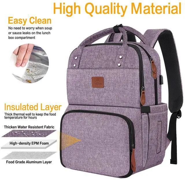Alt view image 4 of 5 - MATEIN Womens Backpack with Lunch Compartment, 17 Inch Laptop Backpack with USB Port, Water Resistant Cooler Backpack Tote Food Bag for Work College Travel Camping Picnic, Gift for Her (Purple)