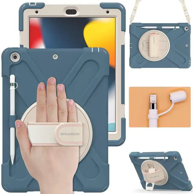 Main image of BRAECN iPad 9th Generation Case, Three Layer Shockproof Cover with Screen Protector, Hand Strap, Kickstand, Shoulder Strap, Pencil Holder, Pencil Cap Holder for Apple iPad 10.2"8th/7th-Cornflower Blue