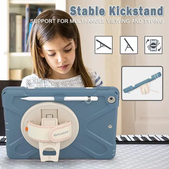 Alt view image 4 of 5 - BRAECN iPad 9th Generation Case, Three Layer Shockproof Cover with Screen Protector, Hand Strap, Kickstand, Shoulder Strap, Pencil Holder, Pencil Cap Holder for Apple iPad 10.2"8th/7th-Cornflower Blue