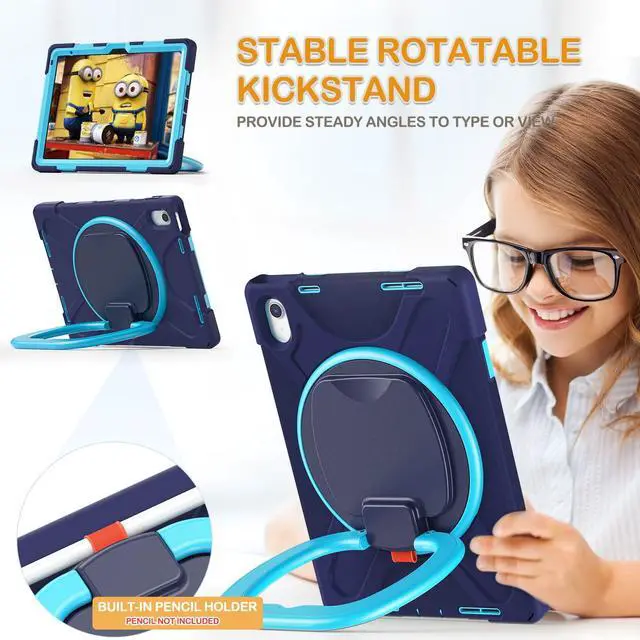 Alt view image 3 of 5 - BRAECN Case for 10.9 Inch iPad 10th Generation 2022 A2696 A2757 A2777-Heavy Duty Shockproof Cover with Pencil Holder/Screen Protector/Rotating Handle Grip/Stable Kickstand/Shoulder Strap, Navy Blue