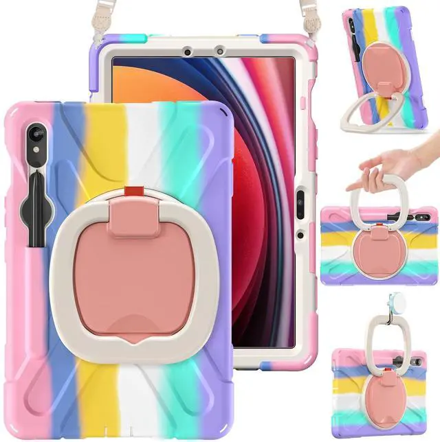 Main image of BRAECN Case for Galaxy Tab S9 FE/S9 10.9/11 Inch 2023 SM-X510/X710, Rugged Silicone Cover with Carrying Strap, S Pen Holder, 360degSwivel Kickstand Compatible for Samsung Tab S8/S7, Colorful Pink