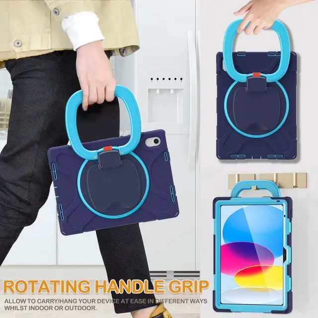 Alt view image 4 of 5 - BRAECN Case for 10.9 Inch iPad 10th Generation 2022 A2696 A2757 A2777-Heavy Duty Shockproof Cover with Pencil Holder/Screen Protector/Rotating Handle Grip/Stable Kickstand/Shoulder Strap, Navy Blue