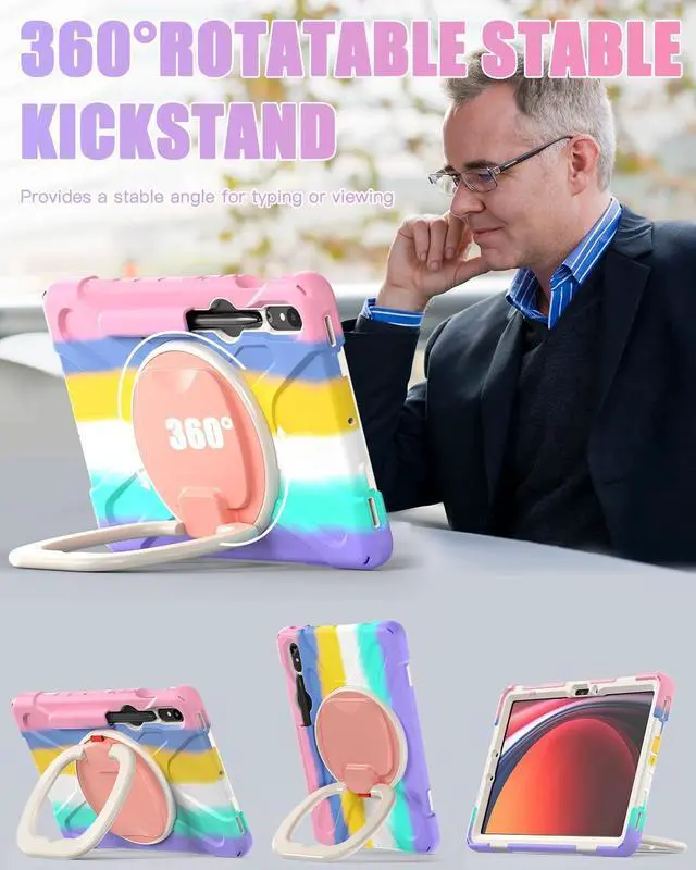 Alt view image 3 of 5 - BRAECN Case for Galaxy Tab S9 FE/S9 10.9/11 Inch 2023 SM-X510/X710, Rugged Silicone Cover with Carrying Strap, S Pen Holder, 360degSwivel Kickstand Compatible for Samsung Tab S8/S7, Colorful Pink
