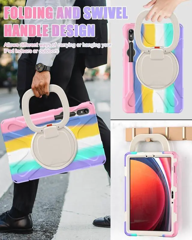 Alt view image 4 of 5 - BRAECN Case for Galaxy Tab S9 FE/S9 10.9/11 Inch 2023 SM-X510/X710, Rugged Silicone Cover with Carrying Strap, S Pen Holder, 360degSwivel Kickstand Compatible for Samsung Tab S8/S7, Colorful Pink