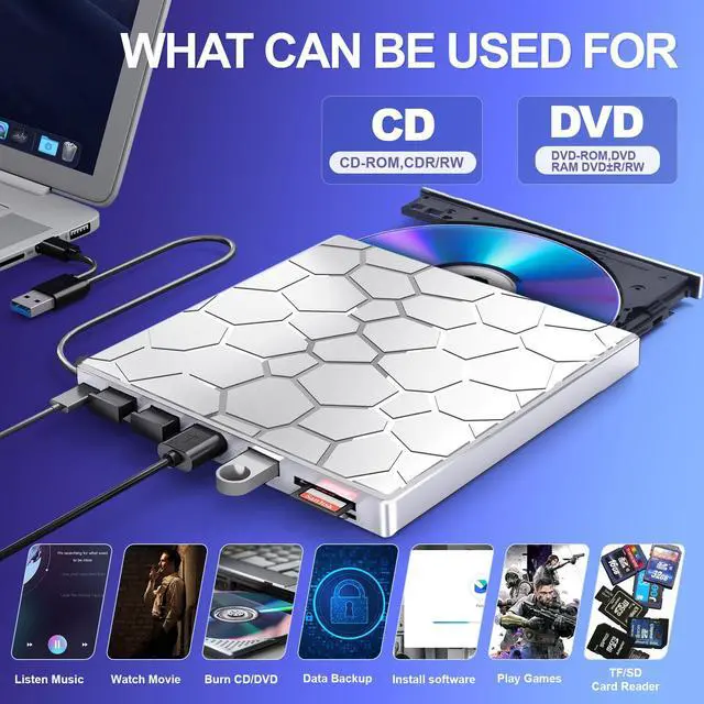 Alt view image 2 of 5 - BPAKDU External CD/D1VD Drive for Laptop, DVD Player for Laptop, 8 in 1 USB 3.0 Ultra-Slim Portable (Silver)