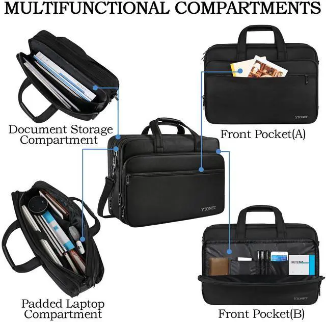 Alt view image 2 of 5 - Ytonet Laptop Bag, Expandable Laptop Briefcases for Men Fits 17.3 Inch Laptop Case Computer Bags, Water Resistant Multi Compartments Mens Laptop Work Bag with Luggage Strap for Bussiness Travel, Black