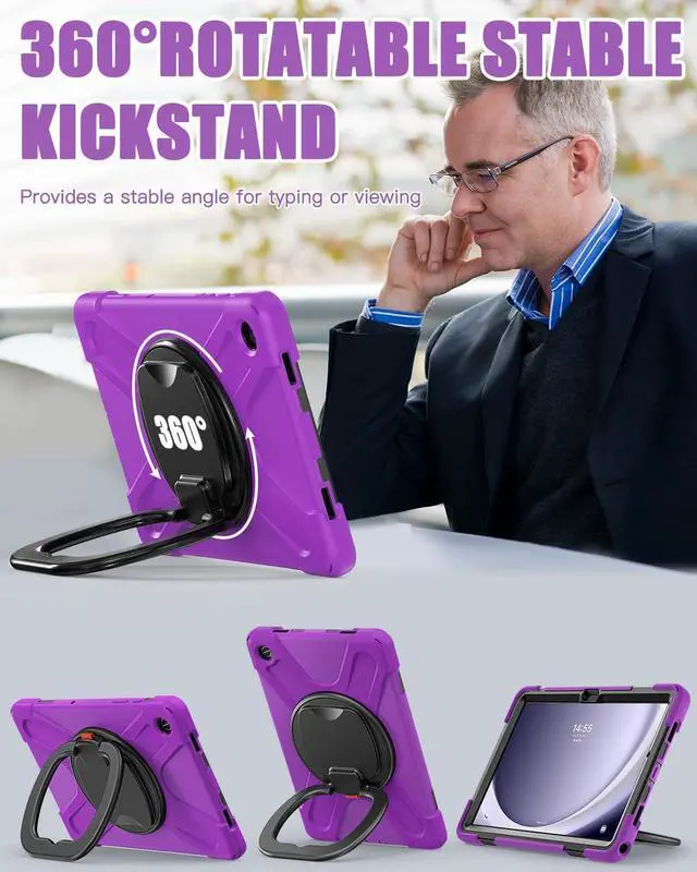 Alt view image 3 of 5 - BRAECN Case for Samsung Galaxy Tab A9+/ A9 Plus 11 Inch 2023 SM-X210/X216/X218 with Screen Protector, Rotating Handle Grip, Shoulder Strap, Silicone Heavy Duty Case for Galaxy A9 Plus Tablet, Purple