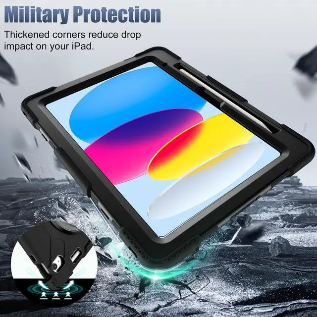 Alt view image 4 of 5 - Cousper for iPad A16 11th/10th Generation Case 11/10.9 Inch 2025/2022 with Screen Protector, 360°Rotating Stand, Handle, Adjustable Strap, for iPad Shockproof Cover 10 Gen with Pencil Holder, Black