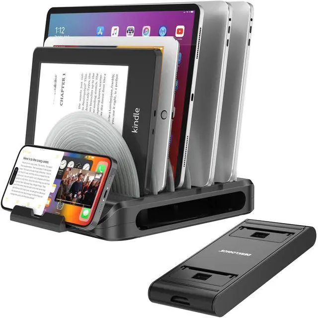 Main image of DeskLogics Vertical Laptop Stand for Desk, Patented Laptop Organizer Stand Multiple Rack Holder w/ 6 Dividers, Portable Phone Stand, 360deg Rotating Base, Compatible w/MacBooks iPhones iPads Tablets
