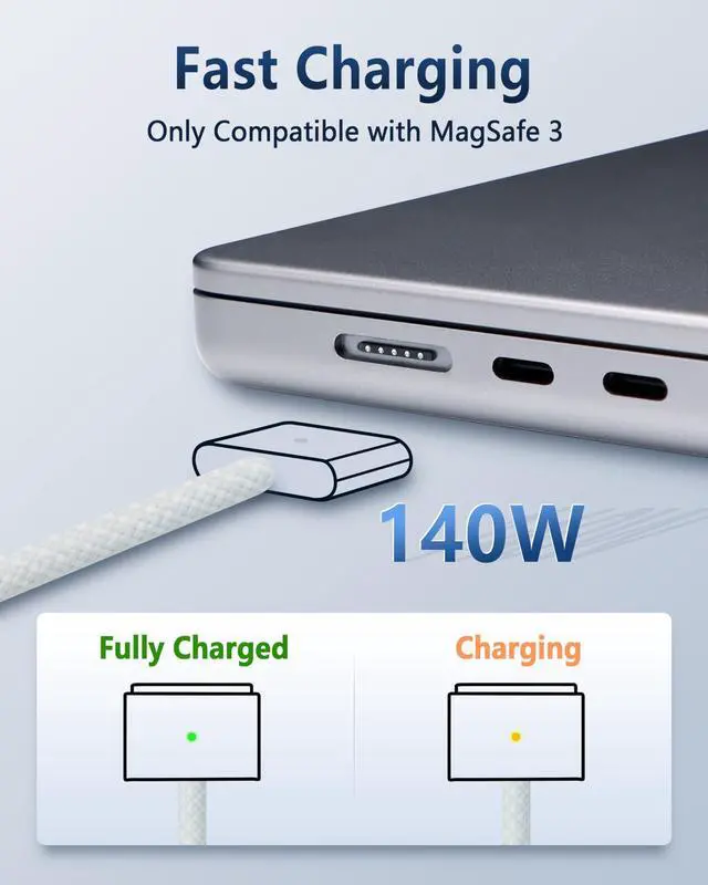 Alt view image 2 of 5 - DERLULU USB-C to Magnetic 3 Fast Charge Cable (2 m/6.6 ft), USB C Cable Compatible with MacBook Air (15/13-inch M3 2024, 15-inch M2 2023, 13-inch M2 2022), MacBook Pro (16/14-inch 2023/2021), Silver