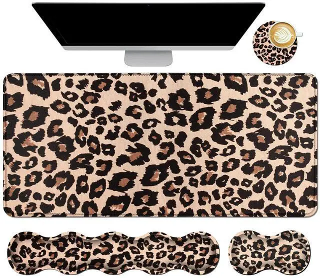 Main image of 4Pcs Memory Foam Keyboard Mouse Wrist Rest Pad + Gaming Desk Mat 31.5" * 11.8" with Stitched Edges + Mouse Wrist Cushion + Coasters Set, Non-Slip Desk Pad Protector for Laptop Computer, Leopard Print