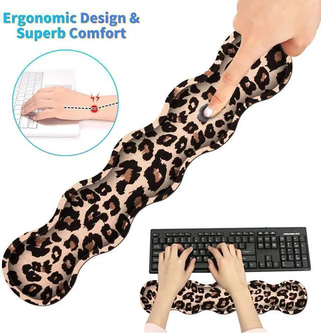 Alt view image 4 of 5 - 4Pcs Memory Foam Keyboard Mouse Wrist Rest Pad + Gaming Desk Mat 31.5" * 11.8" with Stitched Edges + Mouse Wrist Cushion + Coasters Set, Non-Slip Desk Pad Protector for Laptop Computer, Leopard Print