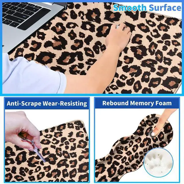Alt view image 3 of 5 - 4Pcs Memory Foam Keyboard Mouse Wrist Rest Pad + Gaming Desk Mat 31.5" * 11.8" with Stitched Edges + Mouse Wrist Cushion + Coasters Set, Non-Slip Desk Pad Protector for Laptop Computer, Leopard Print