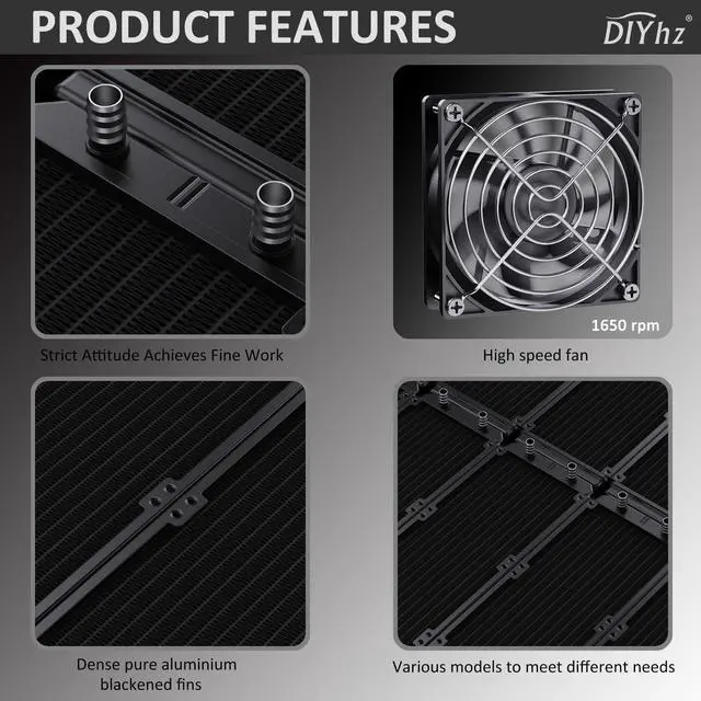 Alt view image 4 of 5 - DIYhz Water Cooling Computer Radiator, 12 Pipe Aluminum Heat Exchanger Liquid Cooling Radiator Fans - 360mm Radiator for CPU PC Laser Water Cool System DC12V Black