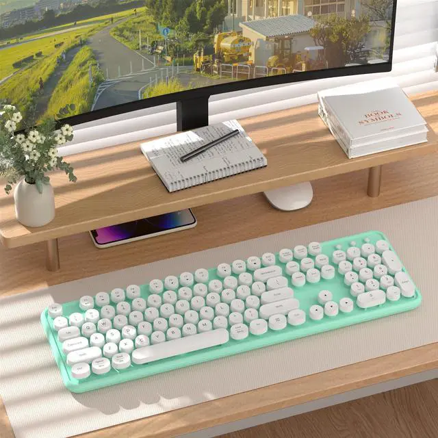 Alt view image 2 of 5 - COVEVA Colorful Wireless Bluetooth Keyboard, 2.4G & Dual Bluetooth Multi-Device Keyboard, Typewriter Retro Round Keycaps 104 Keys Full-Size Keyboard for PC Laptop Tablet Phone (White Dark-Green)
