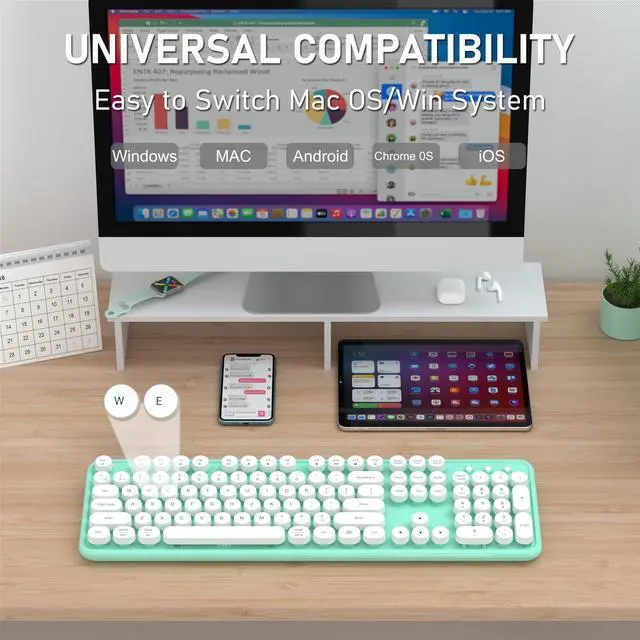 Alt view image 4 of 5 - COVEVA Colorful Wireless Bluetooth Keyboard, 2.4G & Dual Bluetooth Multi-Device Keyboard, Typewriter Retro Round Keycaps 104 Keys Full-Size Keyboard for PC Laptop Tablet Phone (White Dark-Green)