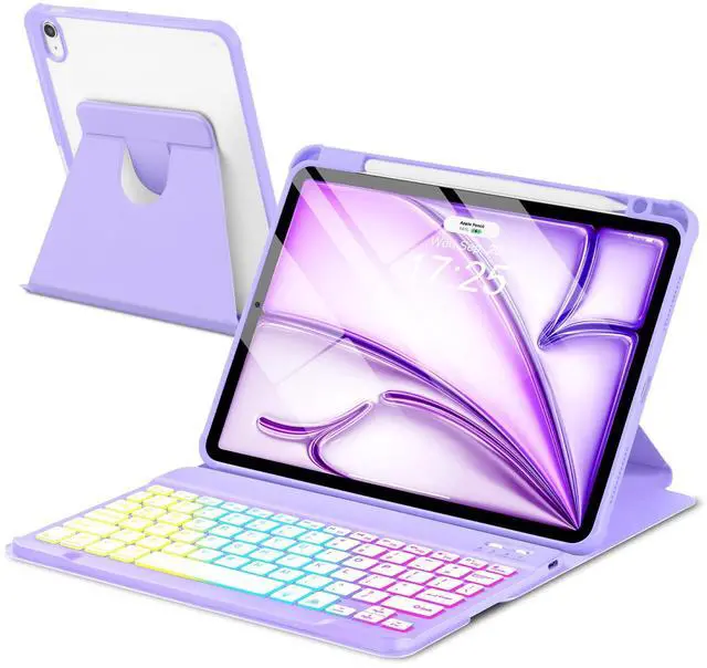 Main image of EAMPANG Case with Keyboard for iPad Air 11 inch M3 M2/ Air 10.9 5th 4th Generation,Rainbow Backlit Detachable Keypad Rotatable Magnetic Cover with Pencil Holder for iPad Air 4 5 6 7 Gen Purple