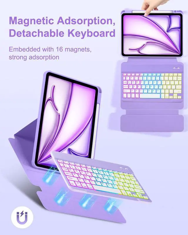 Alt view image 5 of 5 - EAMPANG Case with Keyboard for iPad Air 11 inch M3 M2/ Air 10.9 5th 4th Generation,Rainbow Backlit Detachable Keypad Rotatable Magnetic Cover with Pencil Holder for iPad Air 4 5 6 7 Gen Purple