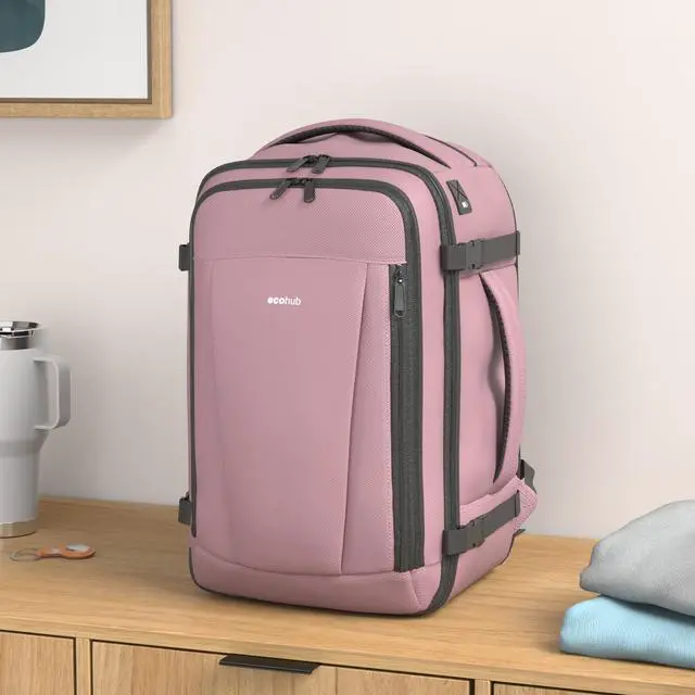 Alt view image 2 of 5 - ECOHUB Travel Backpack 18x14x8 Spirit Airlines Personal Item Bag Carry On Backpack 13 Pockets Large Work Casual Daypack for men Airline Approved Waterproof Gym Backpack with Charging Port, Pink