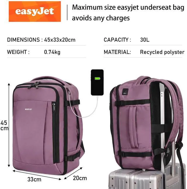 Alt view image 3 of 5 - ECOHUB Travel Backpack 18x14x8 Spirit Airlines Personal Item Bag Carry On Backpack 13 Pockets Large Work Casual Daypack for men Airline Approved Waterproof Gym Backpack with Charging Port, Pink