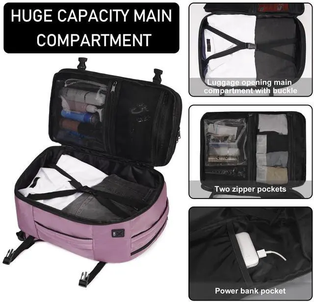 Alt view image 4 of 5 - ECOHUB Travel Backpack 18x14x8 Spirit Airlines Personal Item Bag Carry On Backpack 13 Pockets Large Work Casual Daypack for men Airline Approved Waterproof Gym Backpack with Charging Port, Pink