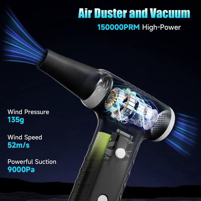 Alt view image 2 of 5 - ELECGO 2 in 1 Compressed Air Duster, 150000 RPM Electric Air Duster, Electric Vacuum Cleaner with Brushless Motor, Stepless Speed Adjustable, Highspeed Jet Air Blower for Home, Car, Keyboard, Computer