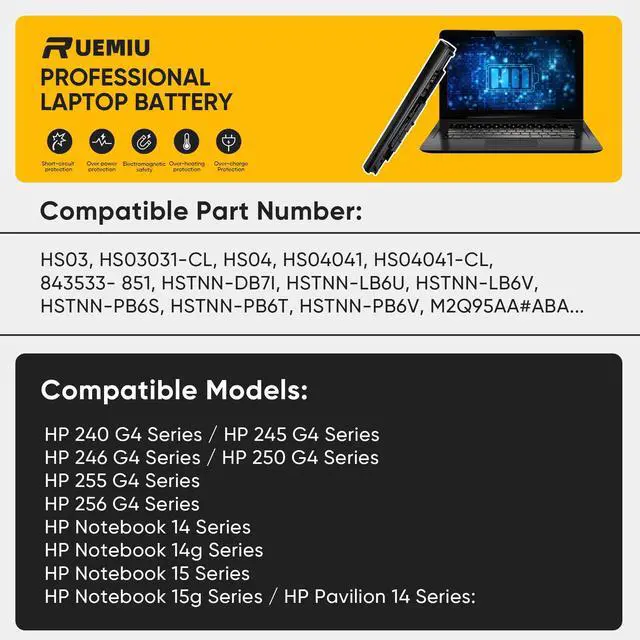 Alt view image 5 of 5 - RUEMIU 61Wh HS03 HS04 Laptop Battery Replacement for HP Spare 807956-001 807957-001 807612-421 807611-421 807611-131 15-AY039WM 15-AY041WM 15-AY009DX 15-AY052NR TPN-I119 TPN-I120 TPN-I124 TPN-C125