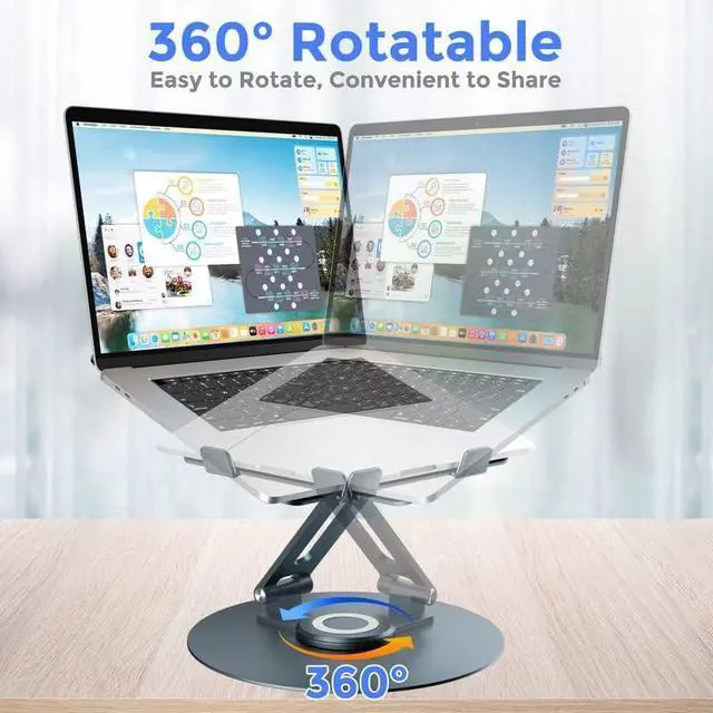 Alt view image 2 of 5 - Swivel Laptop Stand for Desk, Adjustable Height Aluminum Computer Stand with 360 Rotating Base, Foldable Ergonomic Riser, Portable Laptop Holder Compatible with MacBook, All Laptops 10-17'', Grey