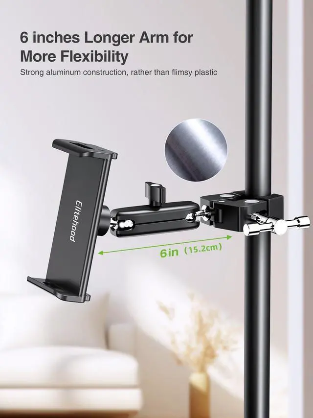 Alt view image 2 of 5 - elitehood Aluminum Dual Ball Head Tablet Holder for Mic Stand, Adjustable iPad Mic Stand Holder, Side Mount Microphone Music Stand Phone Holder Mount for iPad, iPhone,4, 7-12.9in Tablets