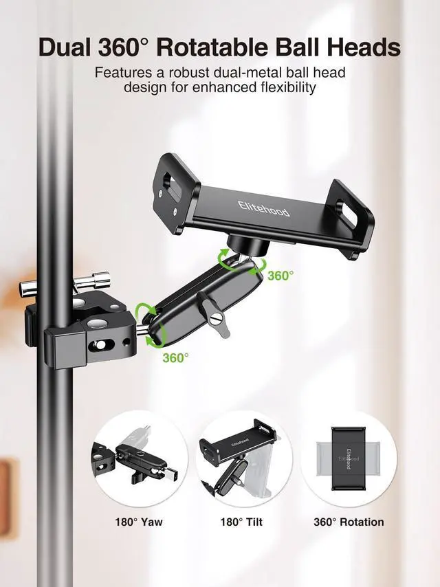 Alt view image 3 of 5 - elitehood Aluminum Dual Ball Head Tablet Holder for Mic Stand, Adjustable iPad Mic Stand Holder, Side Mount Microphone Music Stand Phone Holder Mount for iPad, iPhone,4, 7-12.9in Tablets