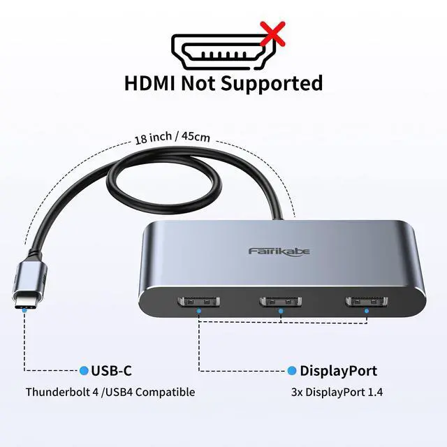 Alt view image 2 of 5 - fairikabe USB C Hub with 3X DisplayPort 1.4 Triple Monitor 4K@60Hz, USBC to DisplayPort Splitter MST Hub for Windows Only, Compatible with Thunderbolt 4, USB4