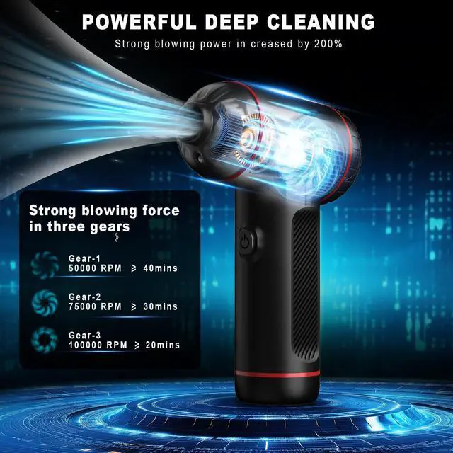 Alt view image 2 of 5 - Compressed Air Duster,3 Gear Adjustable 100000RPM Electric Air Duster, Rechargeable Cordless Air Blower with LED Light for Computer Keyboard Electric Devices Cleaning. Replaces Compressed Air Cans