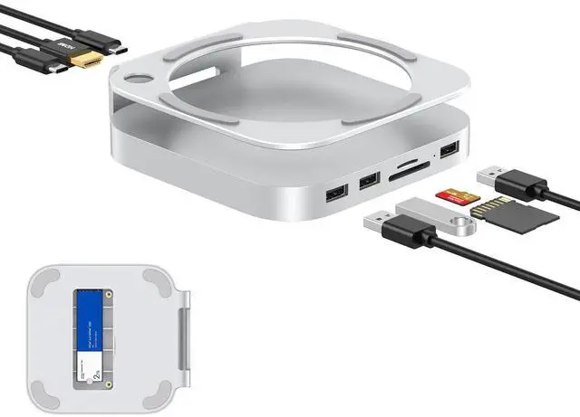 Main image of GEWOKLIY Mac Mini M4 Dock, Aluminum Stand and Hub for Mac Mini M4 and M4 Pro 2024 with M.2 NVMe SSD Enclosure, 4K 60Hz HDMI, 2X USB-A 10Gbps, SD/TF Card Readers, USB 2.0 Data (Silver)|Accessories
