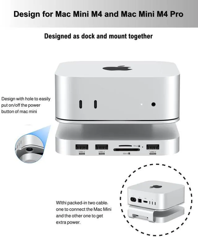 Alt view image 2 of 5 - GEWOKLIY Mac Mini M4 Dock, Aluminum Stand and Hub for Mac Mini M4 and M4 Pro 2024 with M.2 NVMe SSD Enclosure, 4K 60Hz HDMI, 2X USB-A 10Gbps, SD/TF Card Readers, USB 2.0 Data (Silver)|Accessories