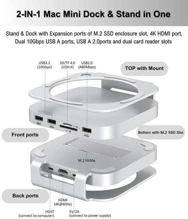 Alt view image 3 of 5 - GEWOKLIY Mac Mini M4 Dock, Aluminum Stand and Hub for Mac Mini M4 and M4 Pro 2024 with M.2 NVMe SSD Enclosure, 4K 60Hz HDMI, 2X USB-A 10Gbps, SD/TF Card Readers, USB 2.0 Data (Silver)|Accessories