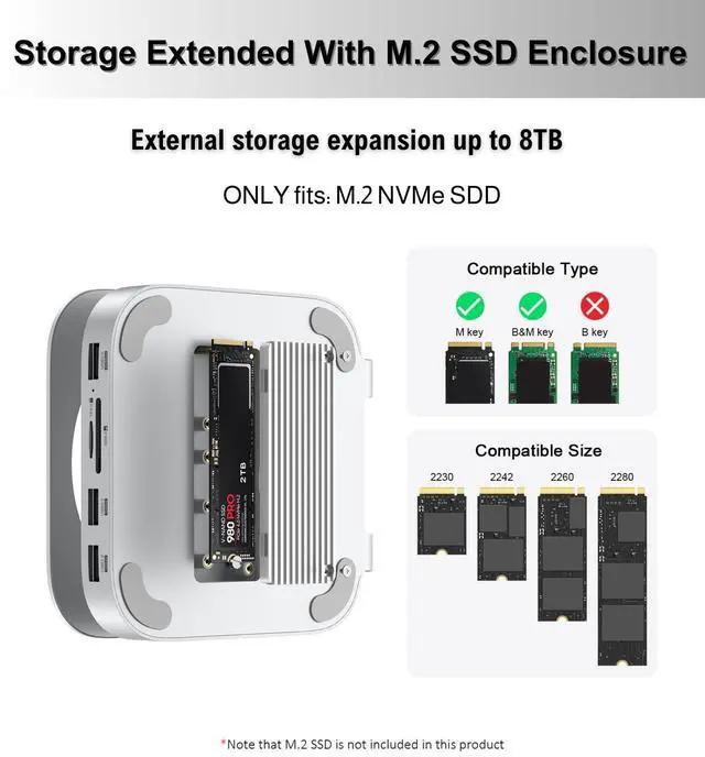 Alt view image 4 of 5 - GEWOKLIY Mac Mini M4 Dock, Aluminum Stand and Hub for Mac Mini M4 and M4 Pro 2024 with M.2 NVMe SSD Enclosure, 4K 60Hz HDMI, 2X USB-A 10Gbps, SD/TF Card Readers, USB 2.0 Data (Silver)|Accessories